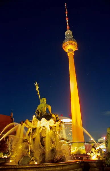 stock image TV Tower and Neptunbrunnen at night