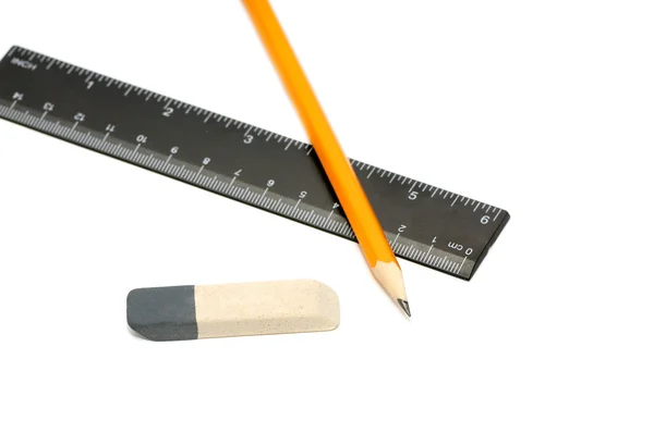 Bleistift, Radiergummi und Lineal — Stockfoto