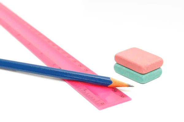 Pencils, eraser and ruler — Stock Photo, Image