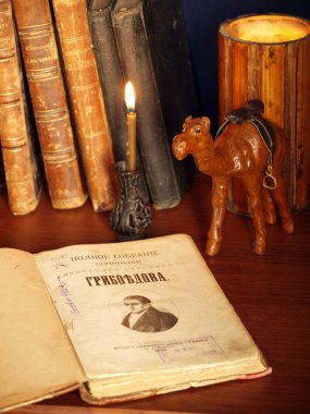 Natürmort: eski kitaplar, mum ve deve
