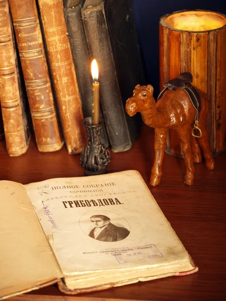 Stilleben: gamla böcker, ljus och kamel Royaltyfria Stockbilder