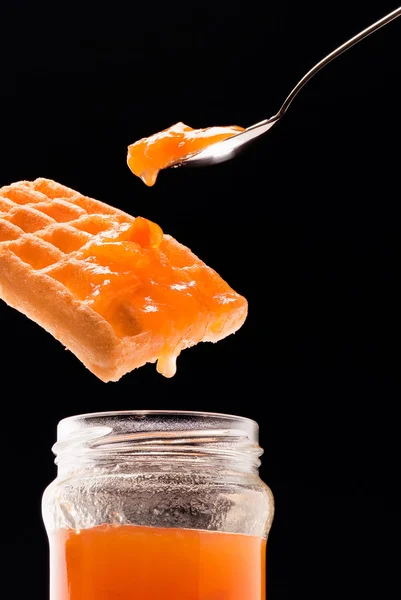 Jam, waffle and tea spoon — Stock Photo, Image