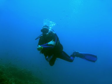 Blue diver scuba diving in sipadan island sabah clipart
