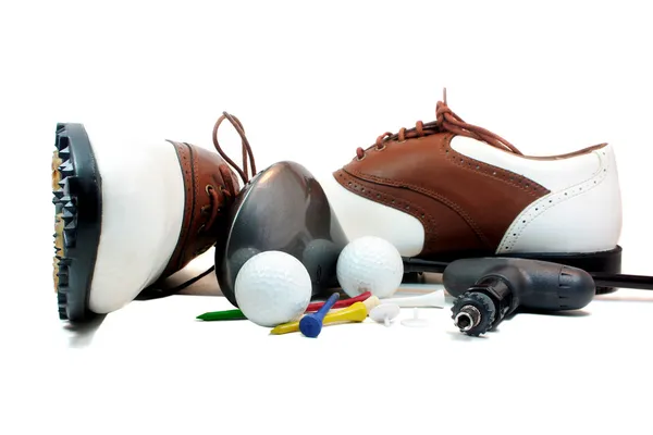 Обувь и оборудование для гольфа — стоковое фото
