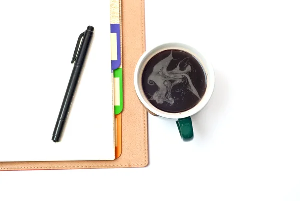 Café, pluma y bloc de notas —  Fotos de Stock