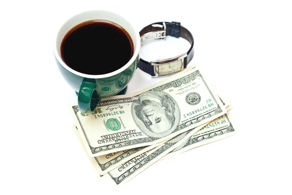Caffè, denaro e orologio — Foto Stock