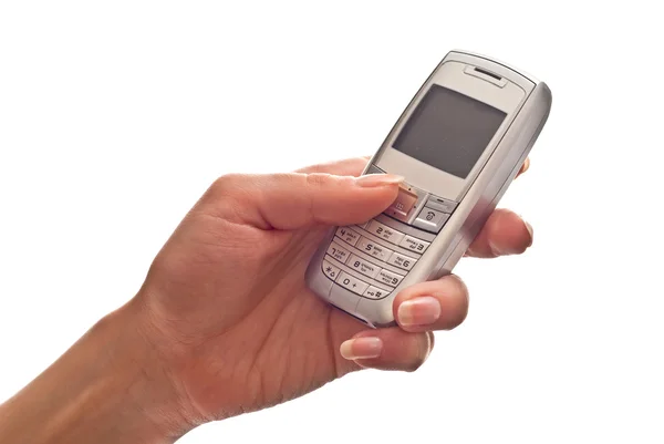 Mão usando um telefone celular — Fotografia de Stock