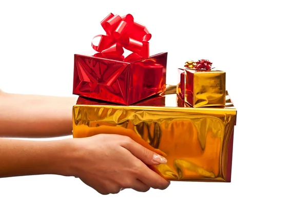 Röda och gula gåvor lådor — Stockfoto