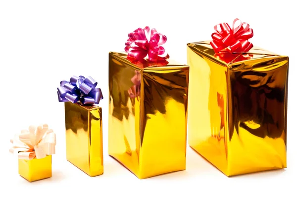Row from yellow gifts boxes — Stock Photo, Image