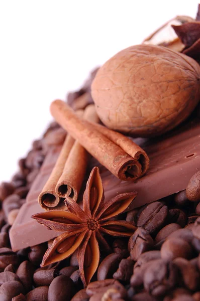 Ořechy, anýz, skořice, čokolády a kávy — Stock fotografie