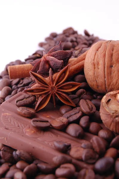 Nuts, anise, cinnamon, choco and coffee — Stock Photo, Image