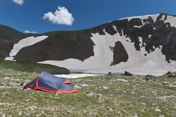 日当たりの良い草地に赤のキャンプ テント. — ストック写真