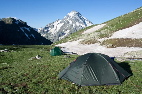 햇볕이 잘 드는 목초지에 녹색 캠핑 텐트. — 스톡 사진