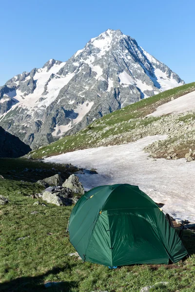 Zielony namiot kempingowy na słonecznej łące. — Zdjęcie stockowe