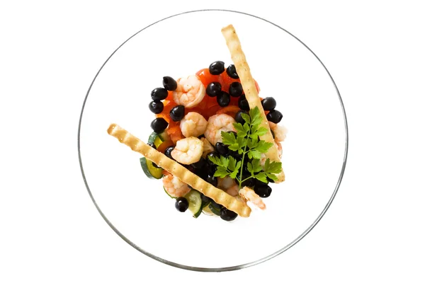 Schüssel mit Shrimps-Salat und Semmelstangen — Stockfoto