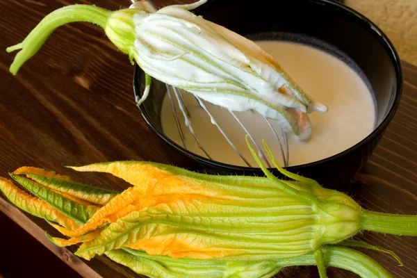 Zucchini Flower In Bowl With Batter — Stock Photo, Image