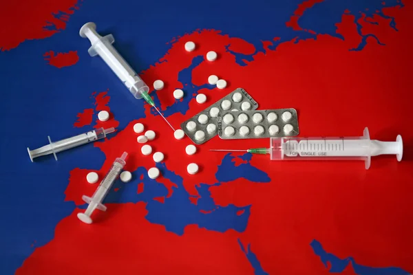 stock image Map with tabletes, syringes and needles