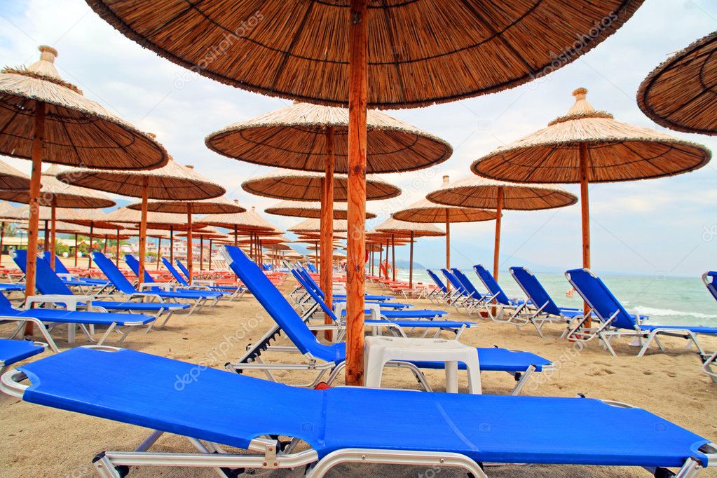 Greece, umbrellas and sunbeds