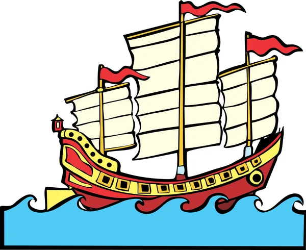 红色和黄色的中式帆船 — 图库矢量图片