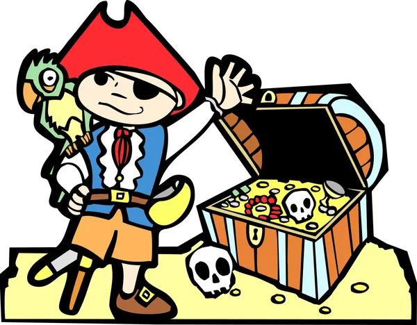 Pirata con cofre del tesoro — Vector de stock