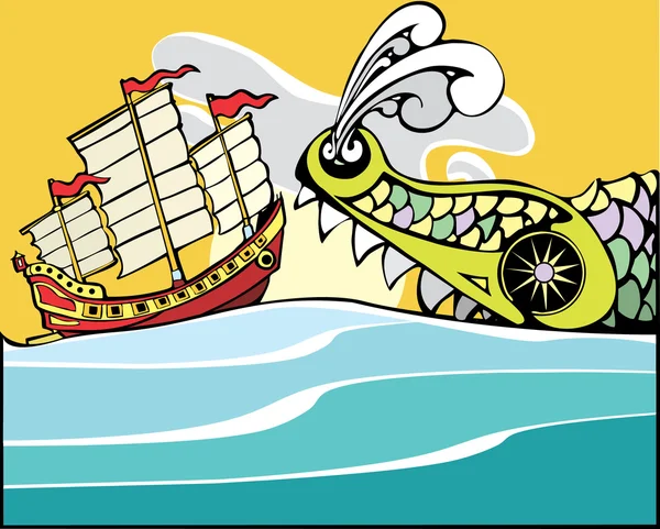 Chinese Junk and Sea Monster. — Stock Vector