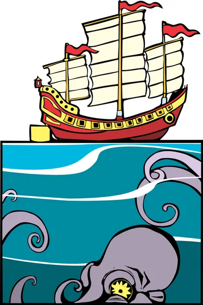 Chinese Junk and Octopus — Stock Vector