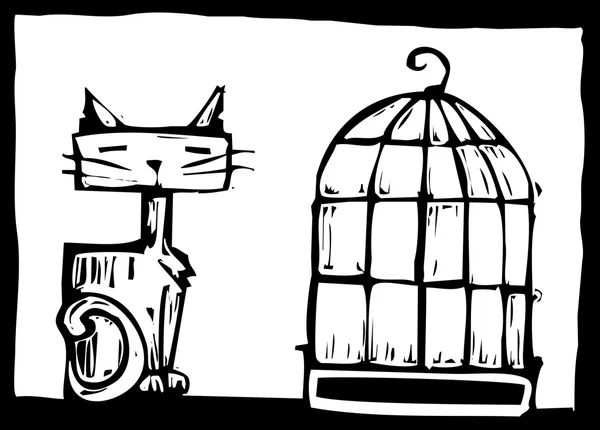 Gato e gaiola de pássaro —  Vetores de Stock