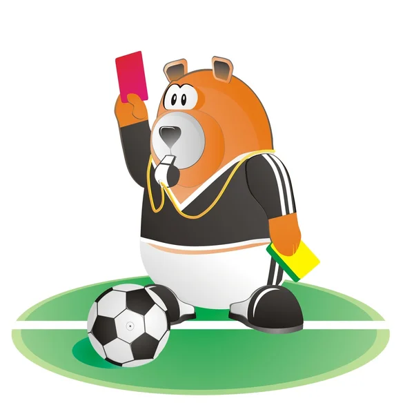 Medvěd fotbalové rozhodčí s červenou kartu a soc — Stockový vektor