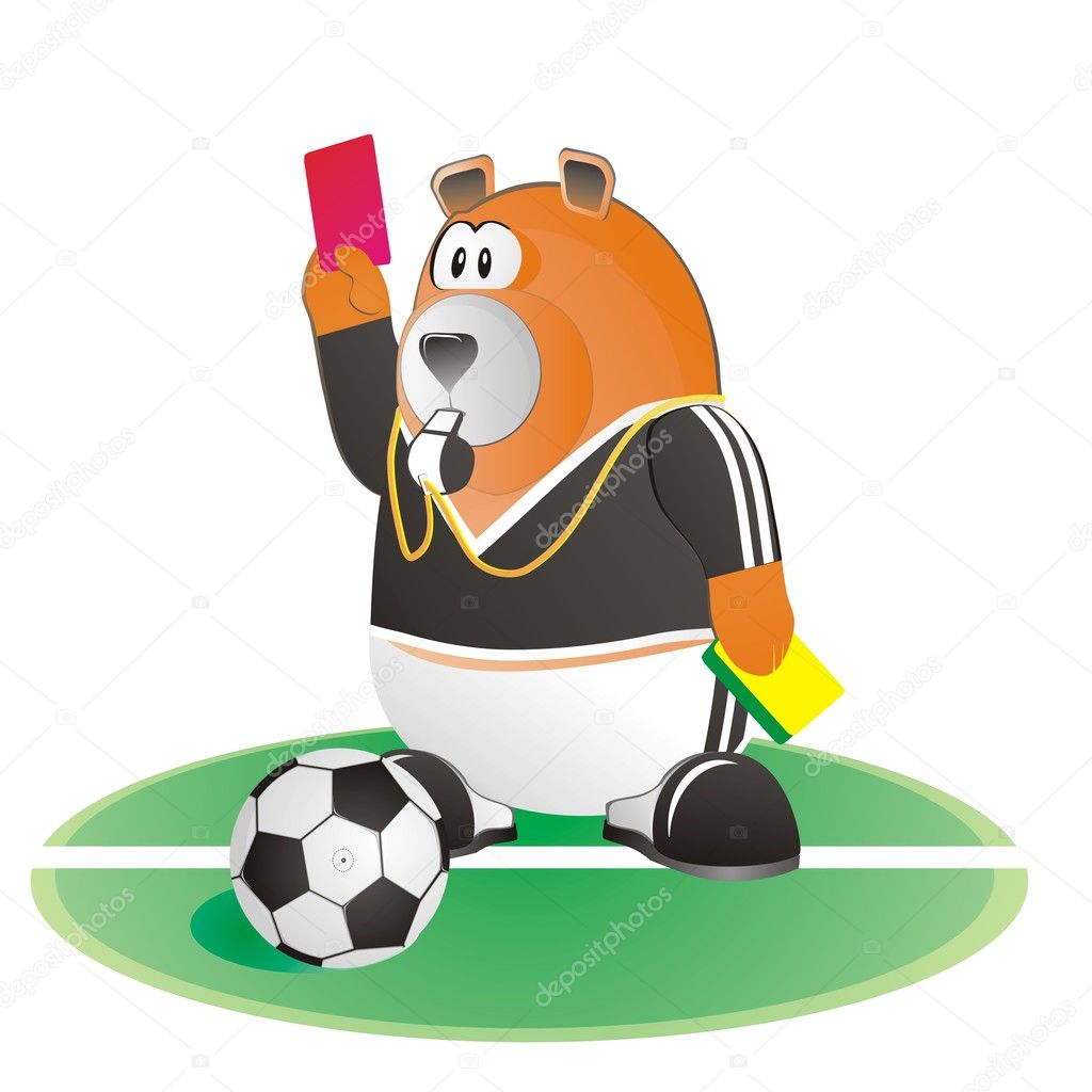 Bear soccer umpire with red card and soc