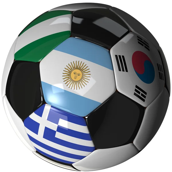 Pallone da calcio su bianco con 4 bandiere — Foto Stock