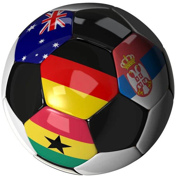 Soccer ball over white with 4 flags — Stock Photo, Image