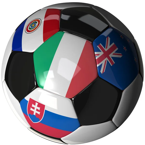 Pallone da calcio su bianco con 4 bandiere — Foto Stock