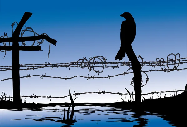 Vogel staande op draad hek — Stockvector