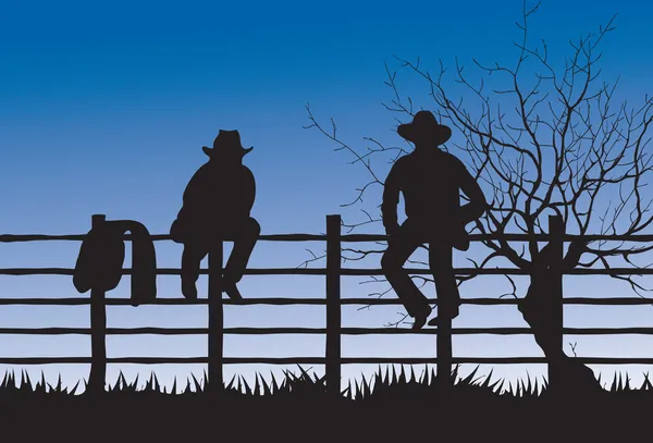Dos vaqueros sentados en la valla — Vector de stock
