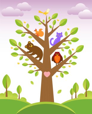 Tree and cute animals clipart