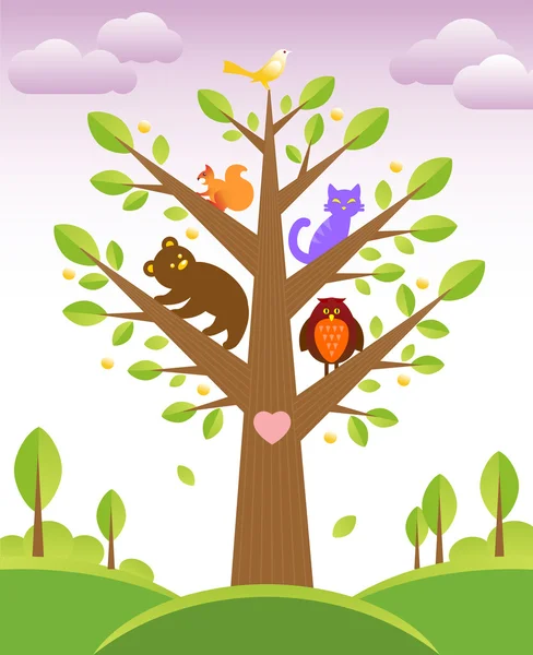 Tree and cute animals — Stock Vector