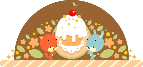 Lapin et écureuil avec gâteau — Image vectorielle