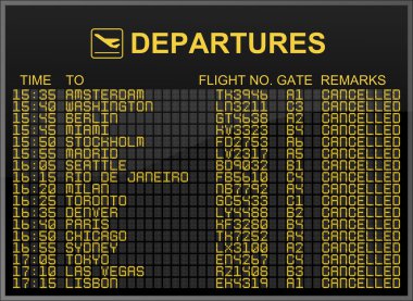 International airport departures board with all flights cancelled
