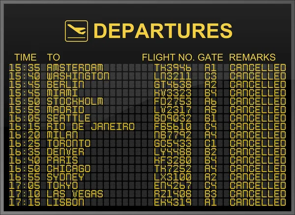 すべての便をキャンセルと国際空港出発板 — ストック写真