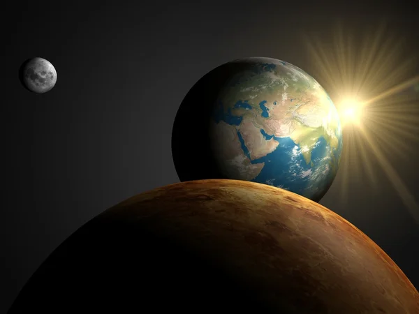 Erde mit Sonne, Mond und Venus — Stockfoto