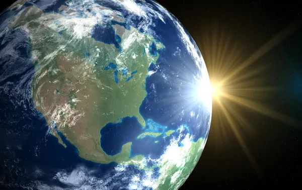 Ziemia i słońce. Kosmiczny wschód słońca Ameryka — Zdjęcie stockowe