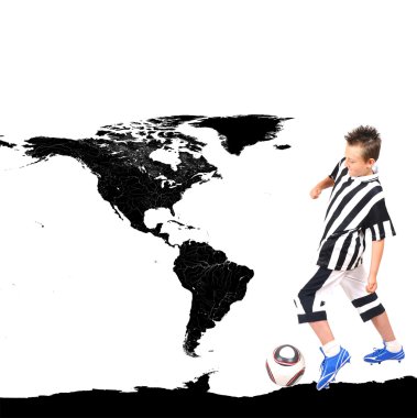 Young footballer with ball and world map on background clipart