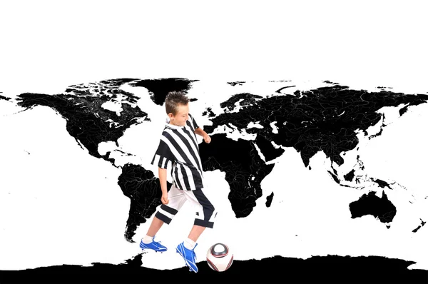 Young footballer with ball and world map on background — Stock Photo, Image