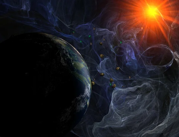 Синяя туманность с видом на планету и солнце — стоковое фото