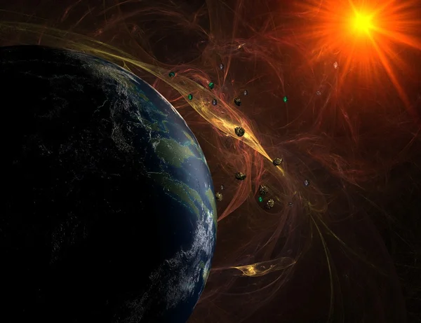 地球と太陽のクローズ アップ ビューと赤い星雲 — ストック写真