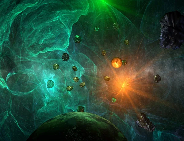 Nebulosa verde con vista ravvicinata sul pianeta e sul sole — Foto Stock