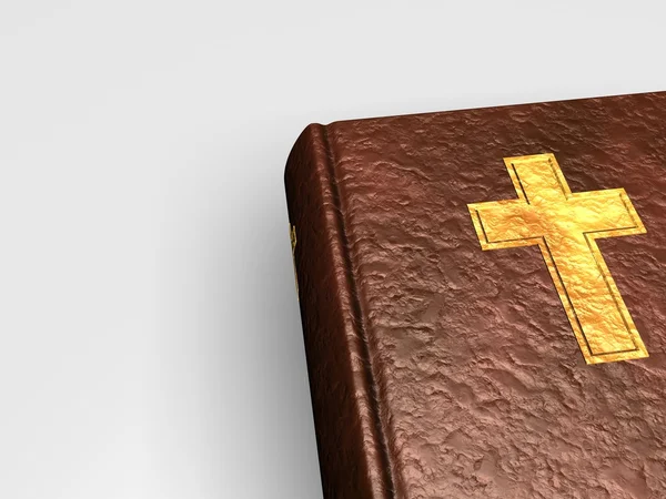 3D Bibeln med kors på bok från läder Stockbild