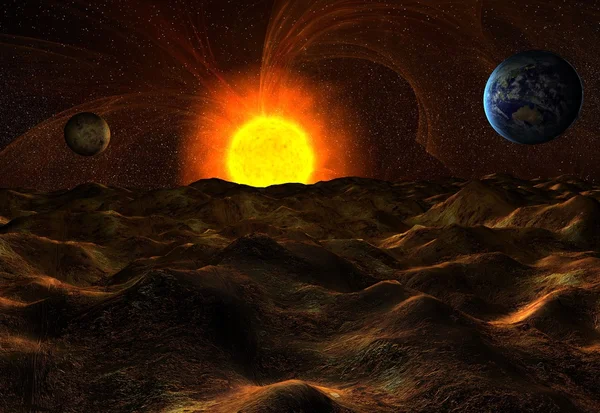 Blick von der Oberfläche des Planeten auf Sonne und Erde im All — Stockfoto