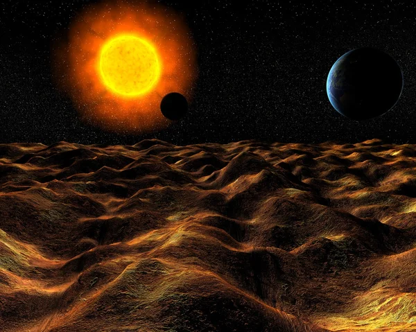 Вид с поверхности планеты на Солнце и Землю в космосе — стоковое фото