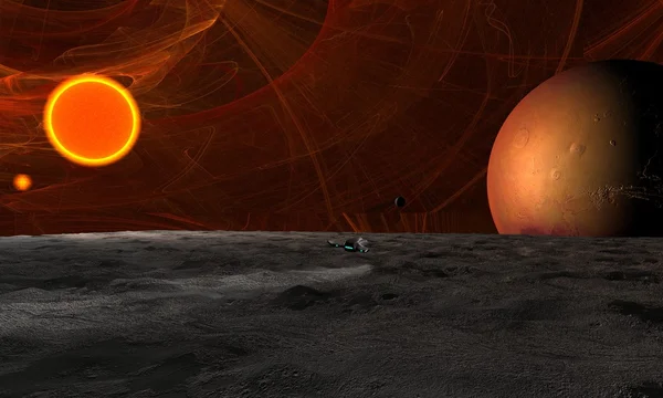 Cena espacial de sufrace de planeta com nave espacial — Fotografia de Stock